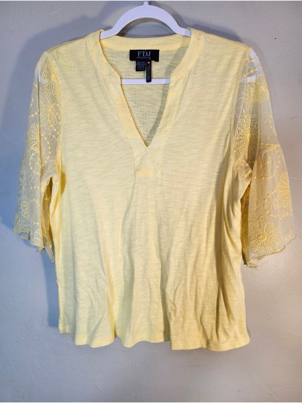 FDJ Soft Yellow Lace-cotton Sleeve Women's Top